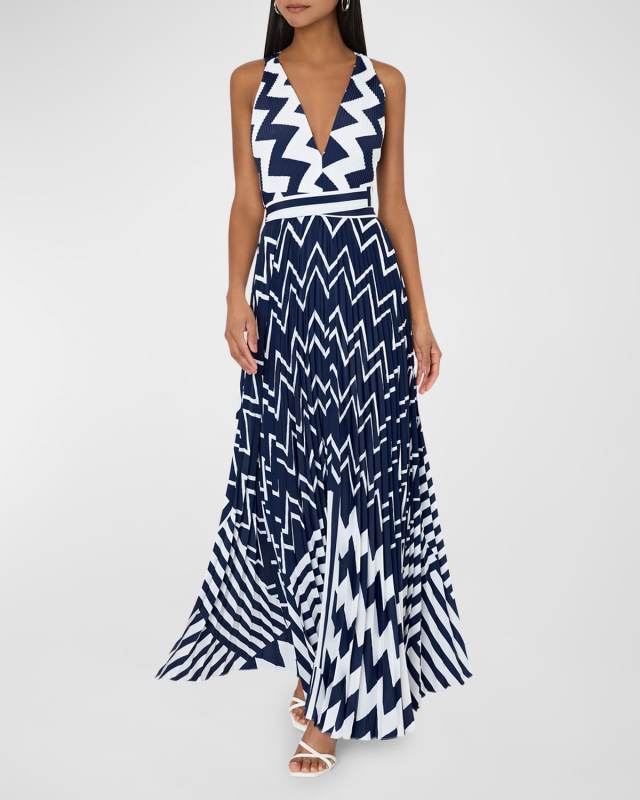 Oria Pleated Chevron-Print Maxi Dress